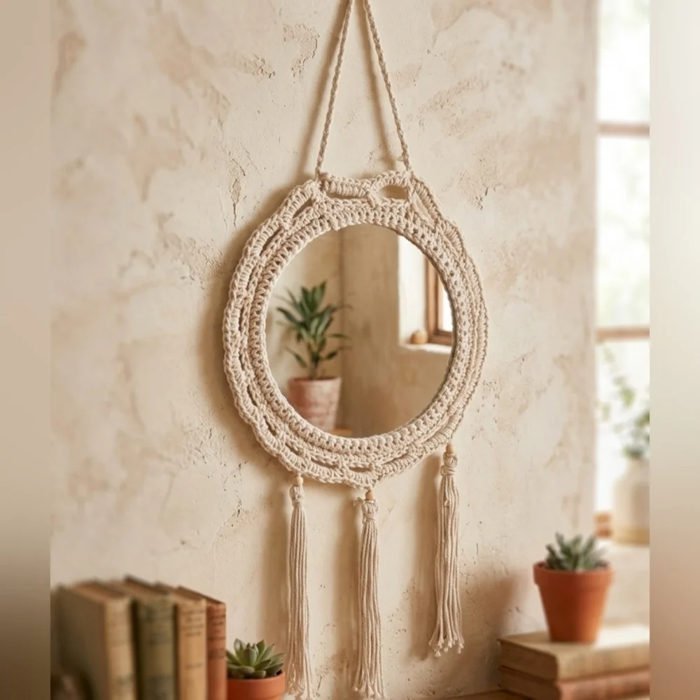 Handmade Macramé Round Wall Mirror - Cream